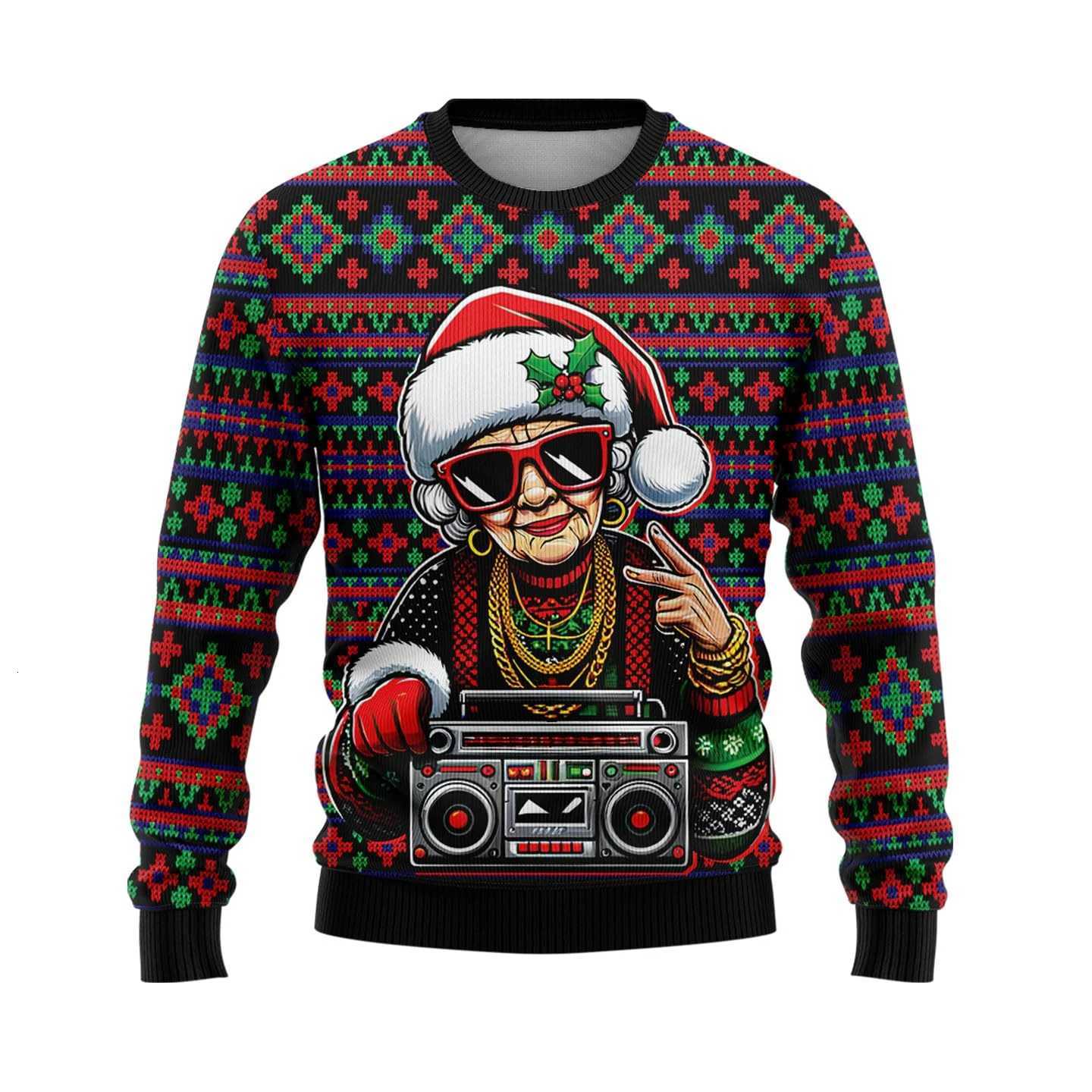 Hip Hop Women Ugly Christmas Sweaters Funny Animal Santa Christmas Sweater Men Xmas Holiday Crewneck Sweatshirt Set Tops X251010