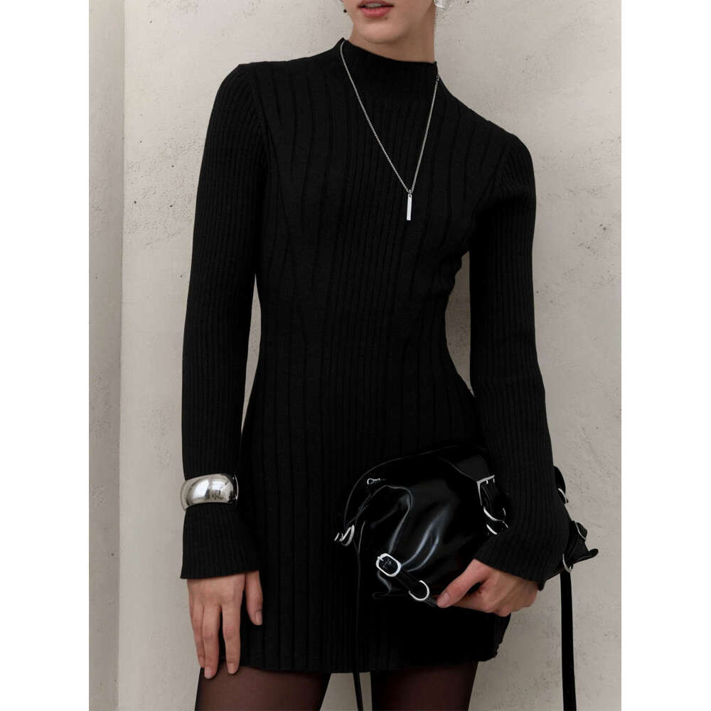 Long Sleeve Half Turtleneck Dress Knitted Spring Temperament Playful A-Line Short Skirt B5