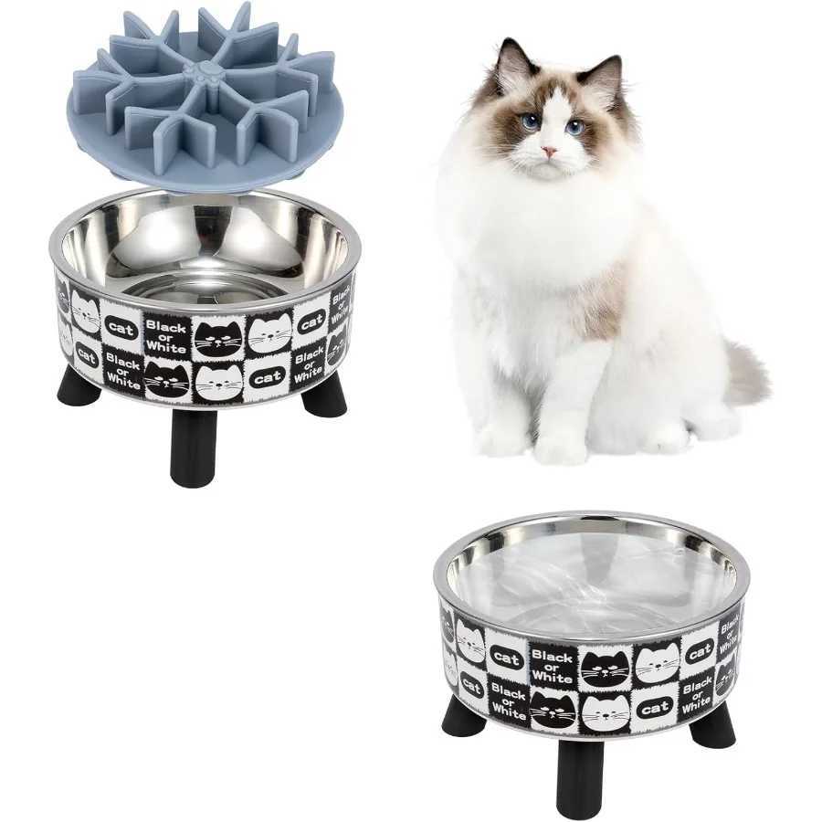 2PCS Elevated Cat Bowls with Slow Feeder Wide Raised Stainless Steel Cat Dishes Plastic Stand Silicone Slow Food Dispenser Whis C251009