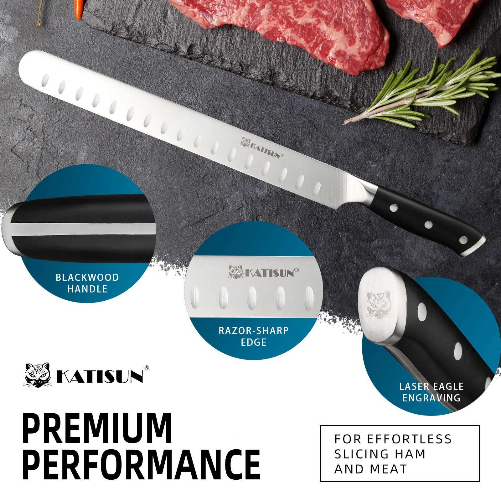 Kitchen knives 13 Inch Round Tip Ham Slicing Knife tra Sharp German Premium Carbon Steel Brisket Knife Meat Cleaver Y251010