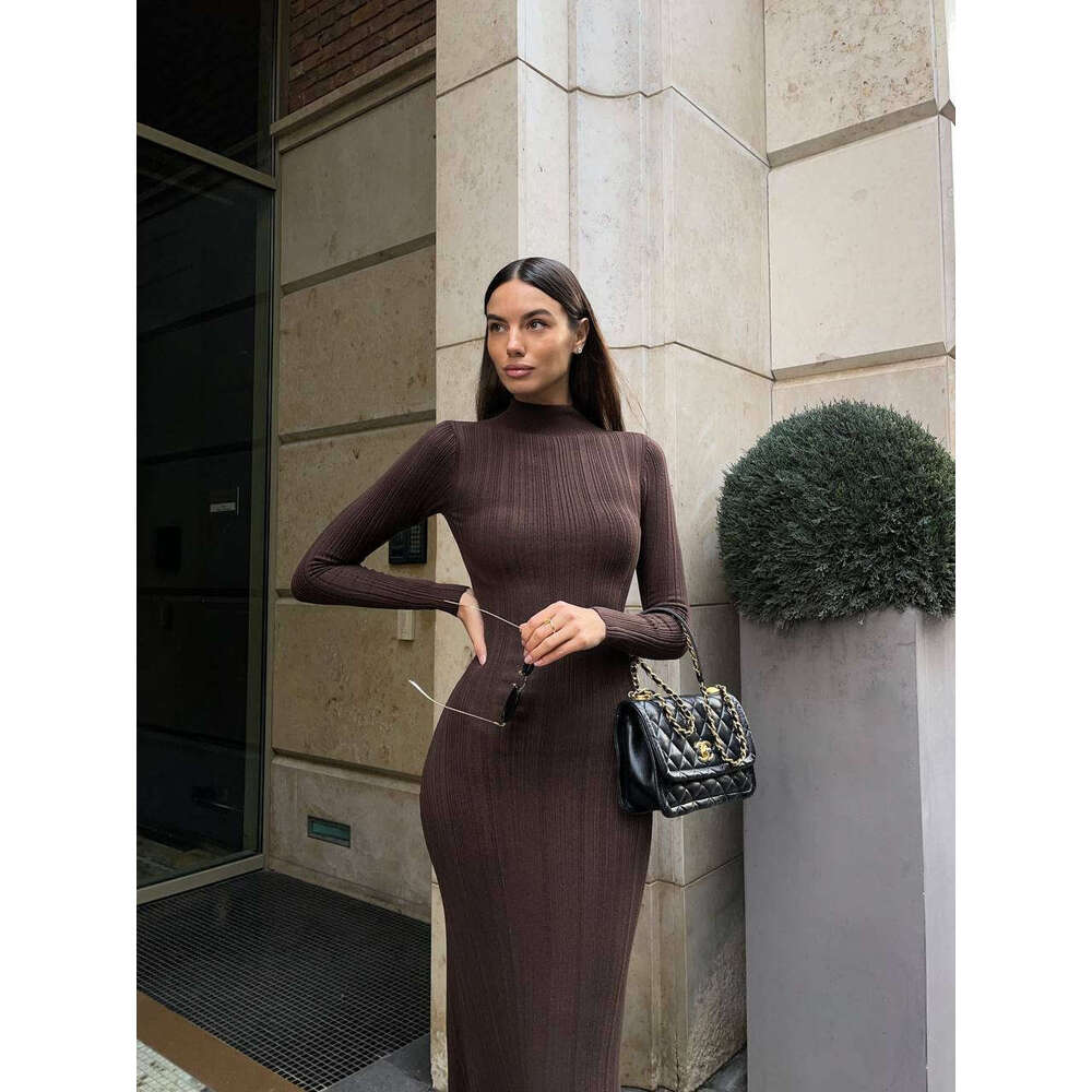 Autumn Winter Long Sleeve Knitted High Neck Tight-Fitting French Elegant Base Striped Sweater Dress B5