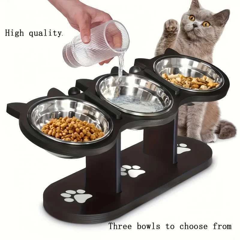 Elevated Cat Food Bowl with Wooden Support Frame Stainless Steel Cat Bowl Adjustable 15 Angle Stand Sloped Pet Food Bowl C251009
