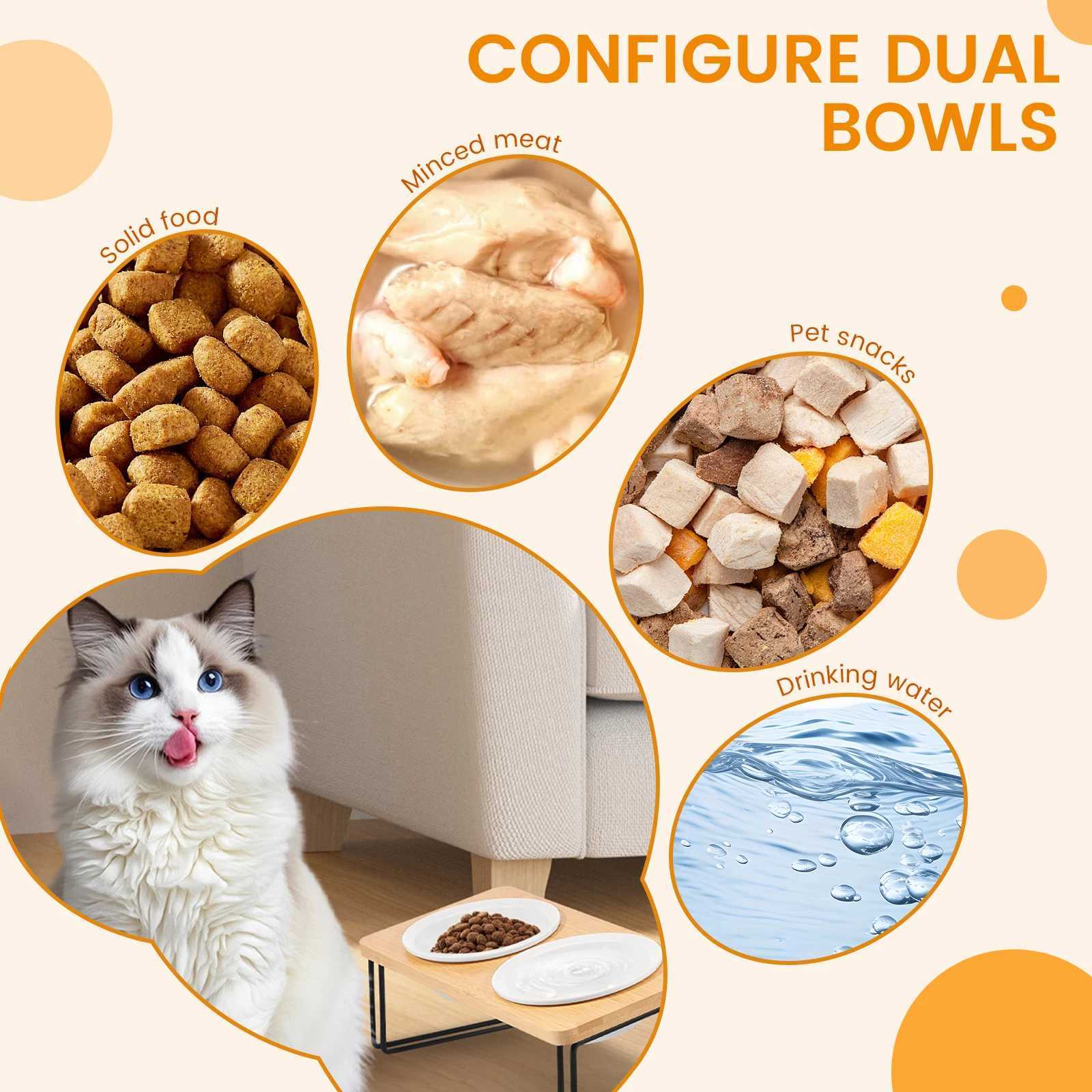 Elevated Cat Bowls Pet Feeder 15 Tilted Raised Cat Food Bowls with Wooden Stand Easy Cleaning Detachable Cat Food Bowl Kit C251009