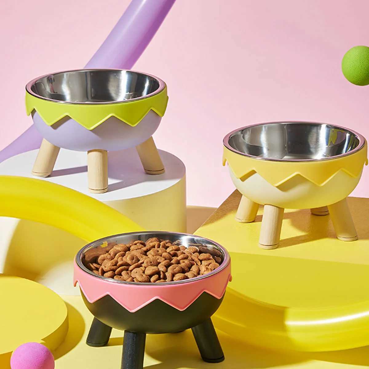 A colorful dopamine pet bowl Fashion feeding large capacity stainless steel dog bowl drinking water neck cat bowl egg shell high C251009