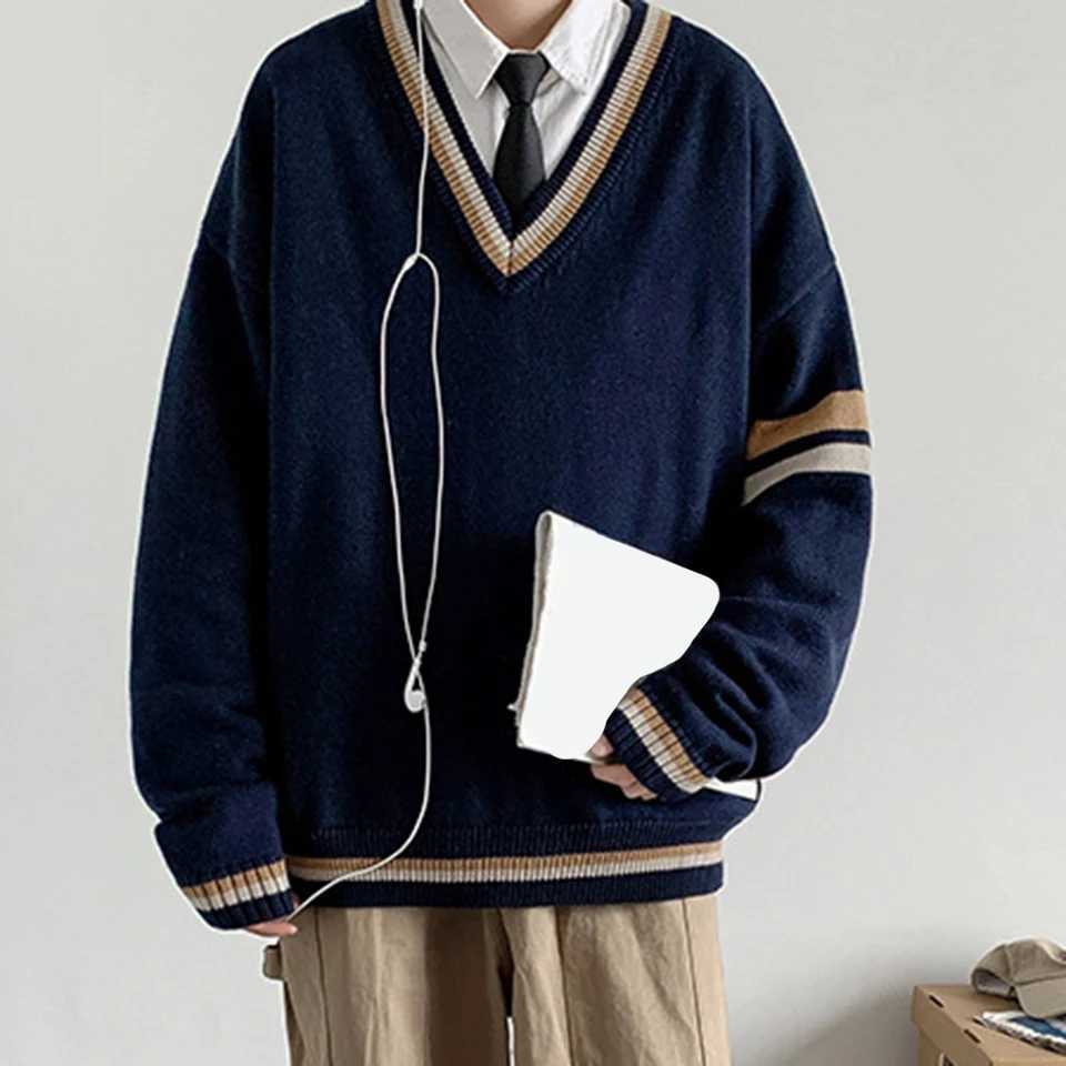 Mens Vneck Knitted Sweater Korean College Style Couple Loose Long Slve Top X251010