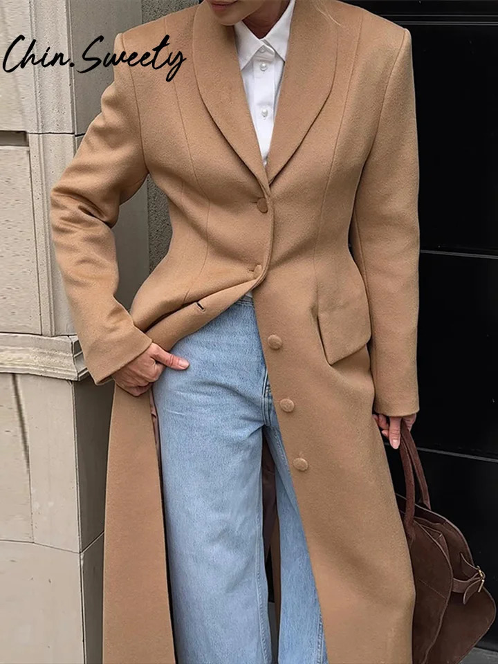 Slim Woolen Long Women Coat Elegant Full Sleeve Lapel Single Breasted Pocket Female Outwear 2025 Autumn Winter Chic Lady Jakcet251009ww