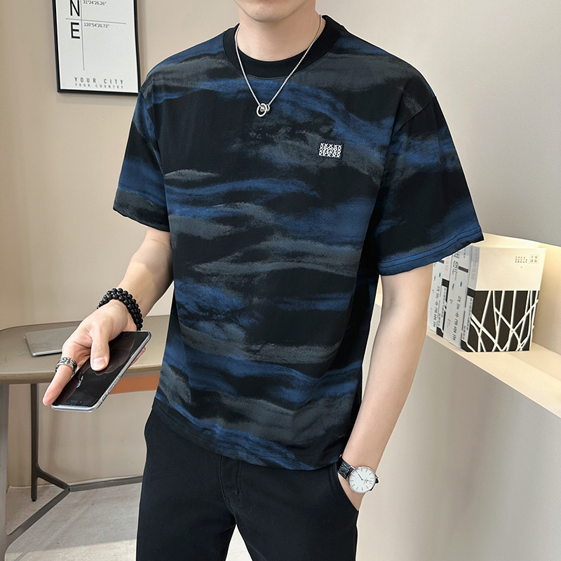 Camouflage Ice Silk T-shirt Men's Short Designer Shirt Sleeve 2025 New Trend Loose Fit Round Designer Hoodie Neck Heavyweight Summer Half Sleeve