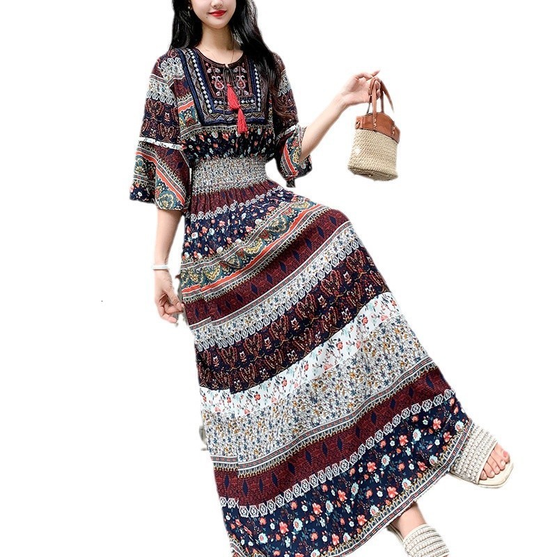 Womens evening dress retro print Sundress summer flame sleeves casual loose Vestido 250328
