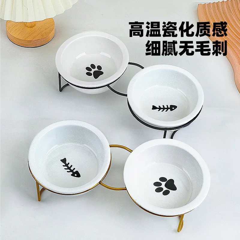 Ceramic Cat Bowls Set 2in1 Elevated Pet Feeder with Stand Dual Food Water Dish for Neck Support Anti Tip Dog Bowls C251009