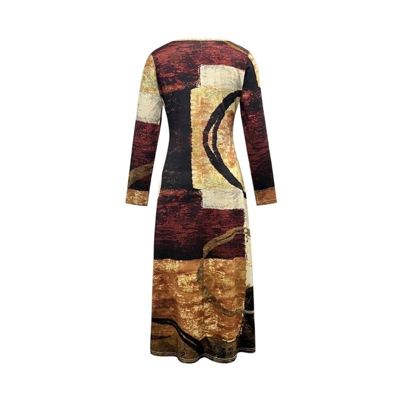 Women's Autumn Winter Fashion Geometric Color - Block Long - Sleeve Dress - Elegant Casual Crew Neck Dress-CF56224