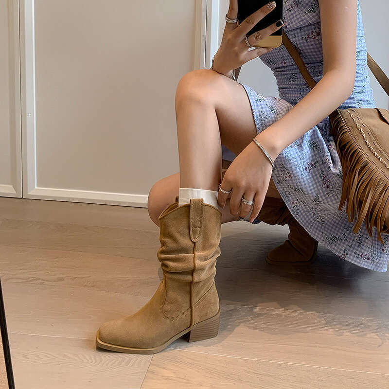 Genuine Leather Cow Suede Melard for Women Brown Wrinkled Slouch Western Cowboy Mid-Calf Short Martin Boots