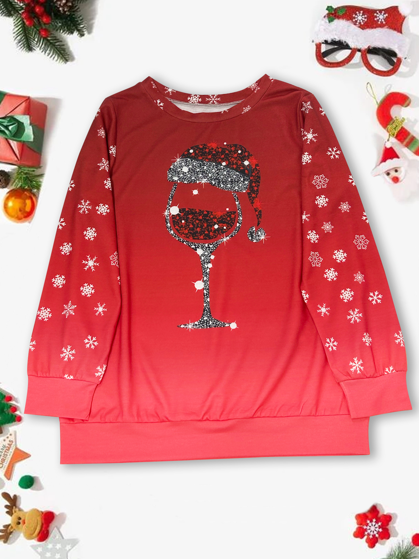 Women's New Christmas Wine Glass & Snowflake Print Sweatshirt - Festive Versatile Top-CF25317