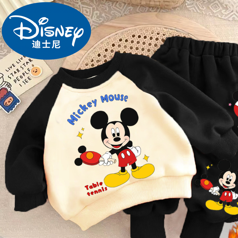 Disney Autumn Winter Mickey Children's Fleece Warm Set Winter Boys' Hooded Cartoon Print Set and Girls' Casual Designer Children's Clothes Labubu clothe designer kid cl..
