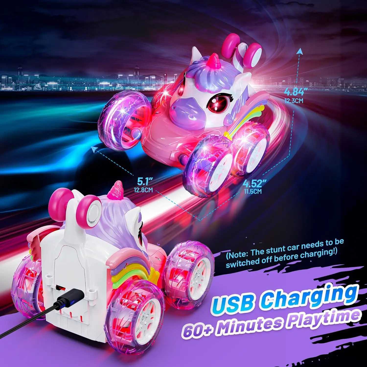 24G lighting unicorn remote control stunt dump truck chase light twist change car drift dancing toy car childrens new year biT251010