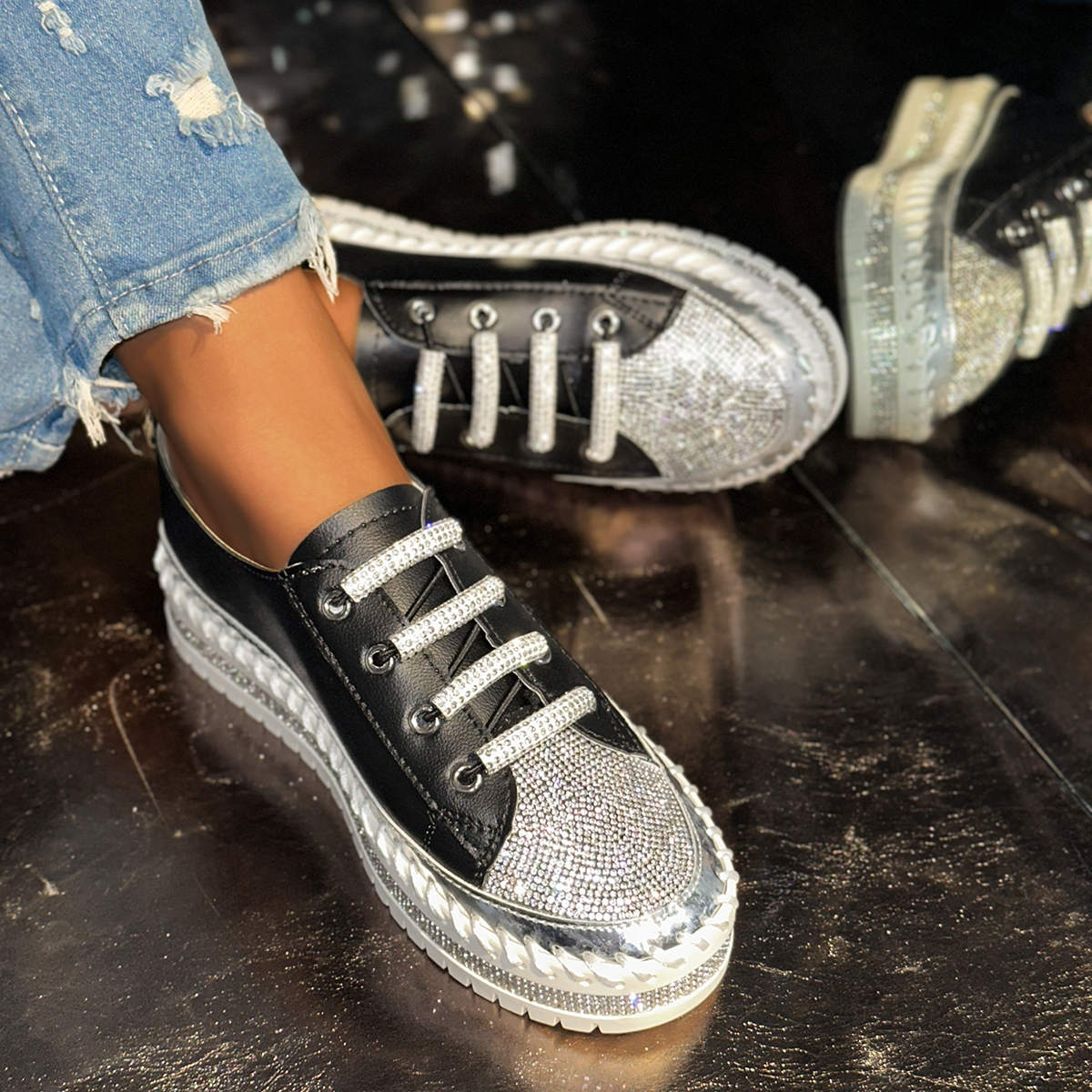 Fashion 3cm Luxury diamonds Platform Sneakers for Women Casual Non Slip Thick Sole Sports Shoes Woman Comfortable Casual Designer Sports Shoes Zapatos