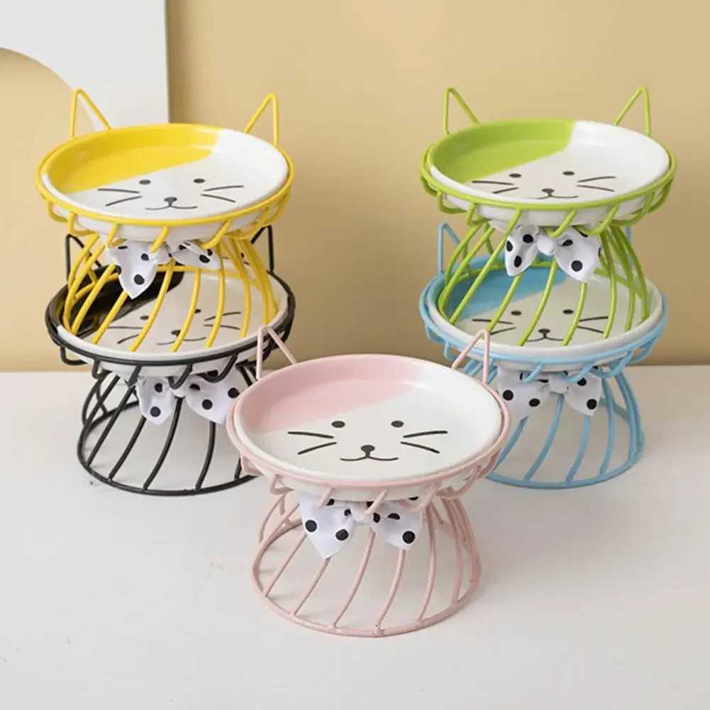 Cat Bowl Ceramic High Foot Neck Guard Food Bowl Shallow Mouth Large Diameter Pet Food Dish Garfield Cat Special Flat Face Bowl C251009