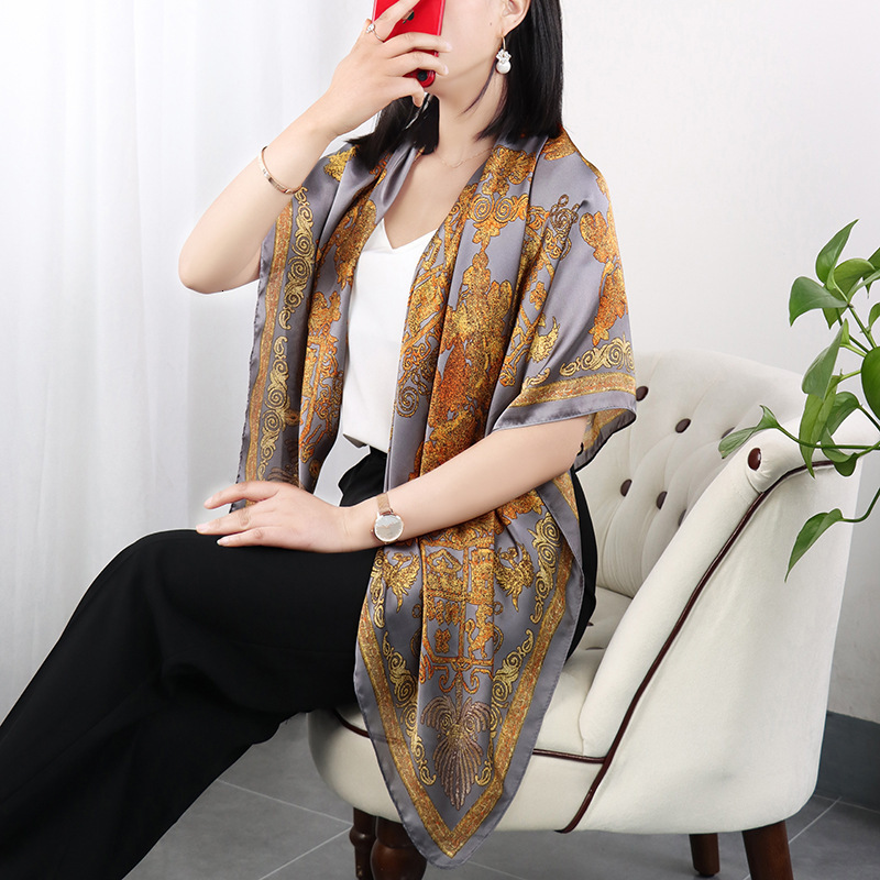Xiaoxiang Spring Autumn High-end Scarf Imitation Silk Black and White 110cm Large Square Li Brocade Polyester Camellia Sunscreen for Women