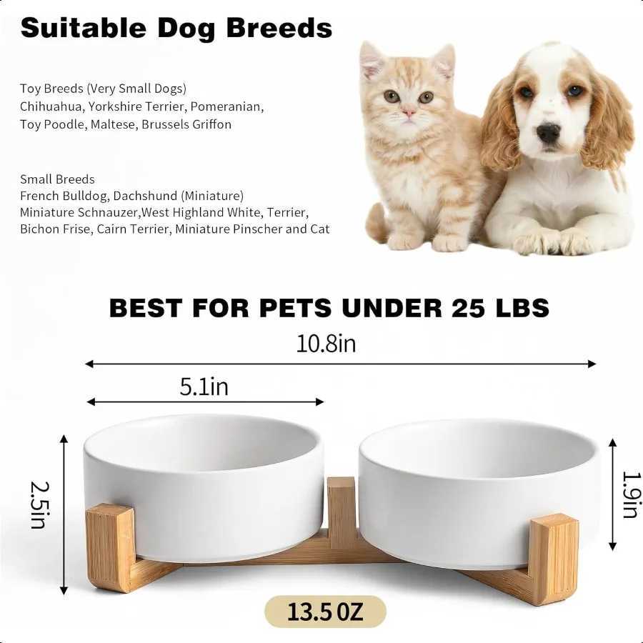 White Ceramic Dog Cat Bowl Set 135 OZ with Wooden Stand NonSlip Elevated Design for Small Dogs Cats 2 Bowls Food Water Ceramic C251009