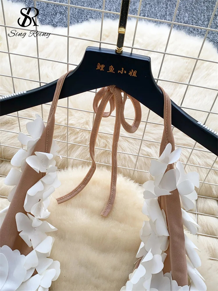 SINGREINY High Quality 3D Floral Dress Female Halter Sleeveless Backless sweet Dress French Short Cocktail Sundress 251010