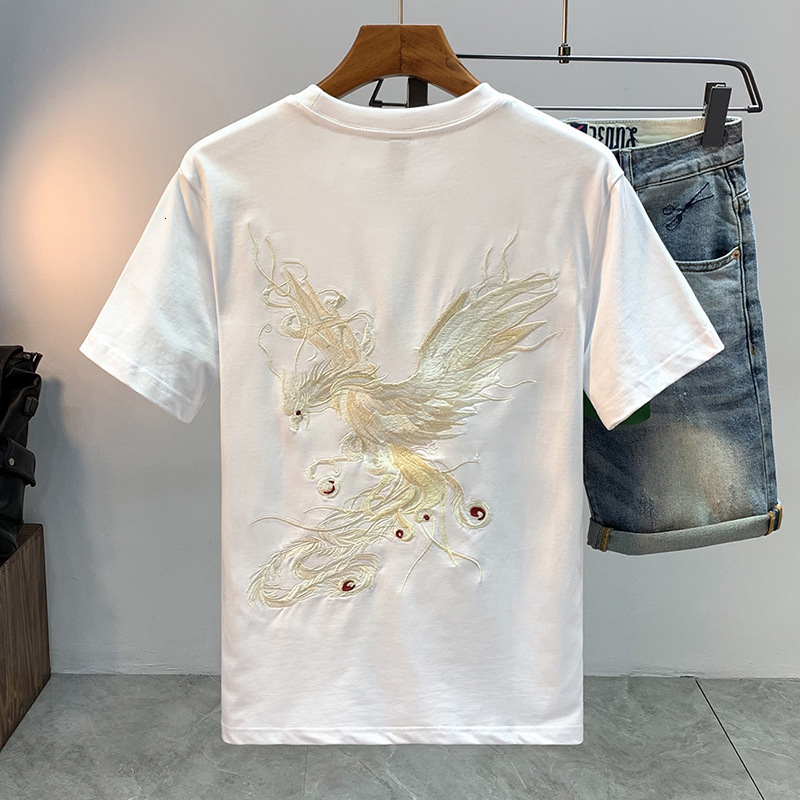 High-quality Half-sleeve National Designer Shirt Trend Ins Phoenix Embroidery Chinese Style Designer Hoodie T-shirt Men's Trendy 2025 Summer Short-sleeve Men's
