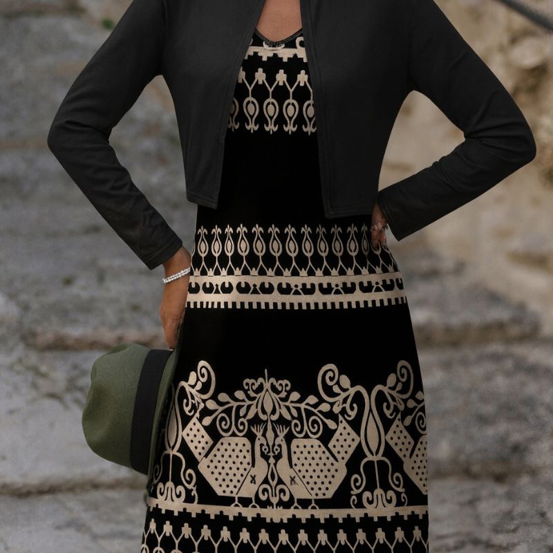 Women's Ethnic Style Printed Two - Piece Set - Long Sleeve Jacket & Midi Dress Set-CF55201