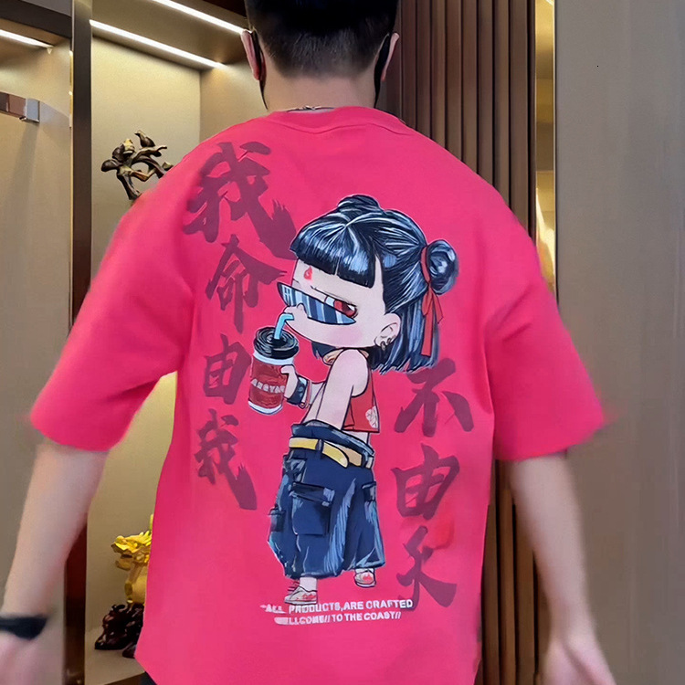 U National Trend Cartoon Nezha Designer Shirt Pattern Printed Rose Red Short Sleeve T-shirt For Men Designer Hoodie Summer Loose Cotton Top