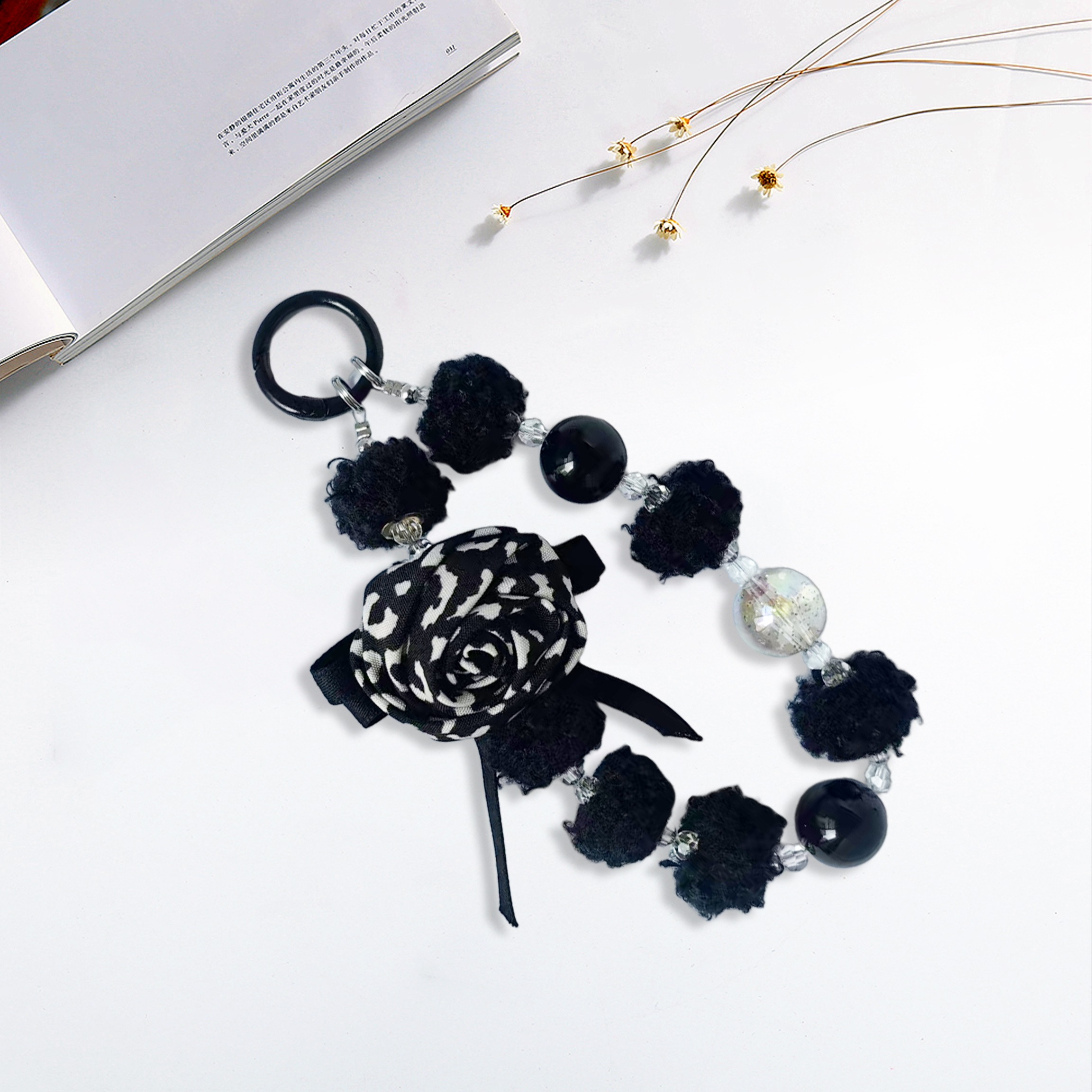 Leopard-print rose, plush ball bead phone strap, creative design, multiple colors available, stylish and versatile, anti-loss, easy to carry