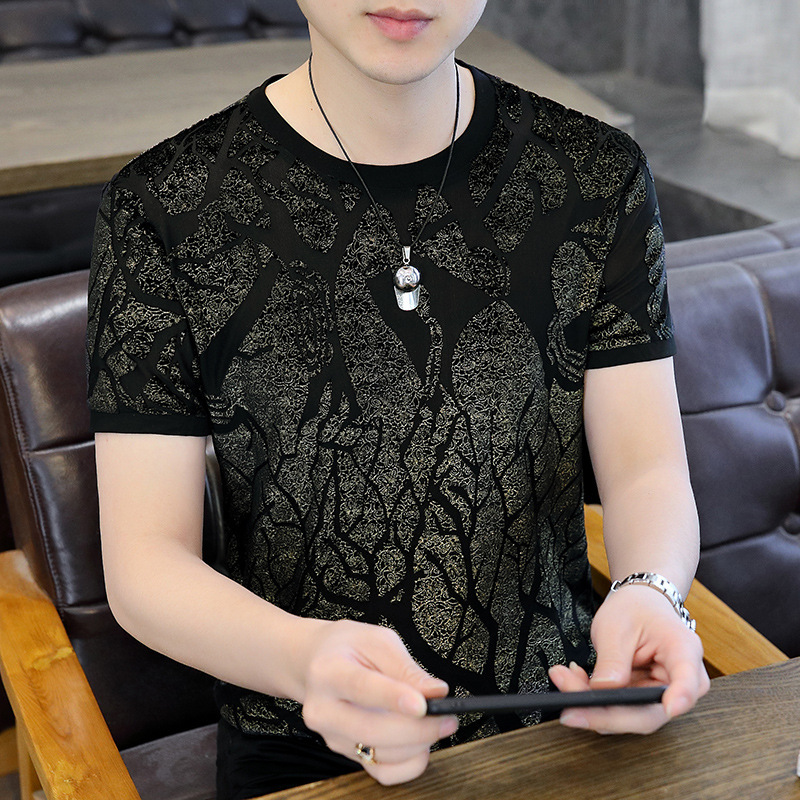 European Station Short Sleeve T-shirt Men Designer Shirt Famous Brand European Goods Hollow Designer Hoodie Silk T-shirt Fashion Trendy Brand Flocking