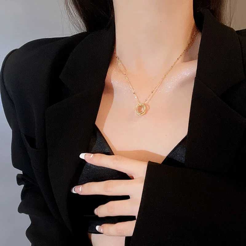 Stainl Steel Zircon Tren Exquisite Double Ring Round Chain Necklace for Women Girl High Quality Pendant Jewelry AAAXJ251010