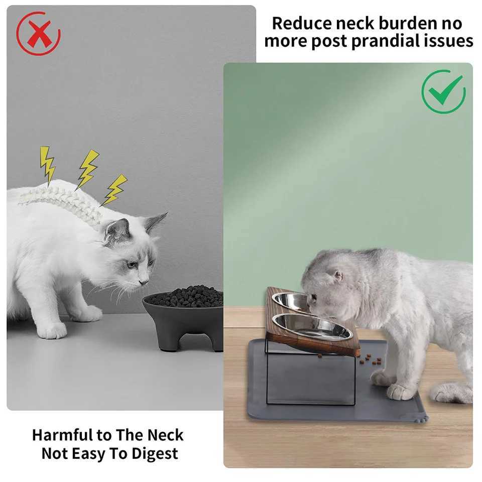 Upgraded Elevated Cat Bowls with Food Mat 15Tilted Stand Anti Vomiting Raised Cat Dishes 2 Stainless Steel Bowls for Puppy C251009