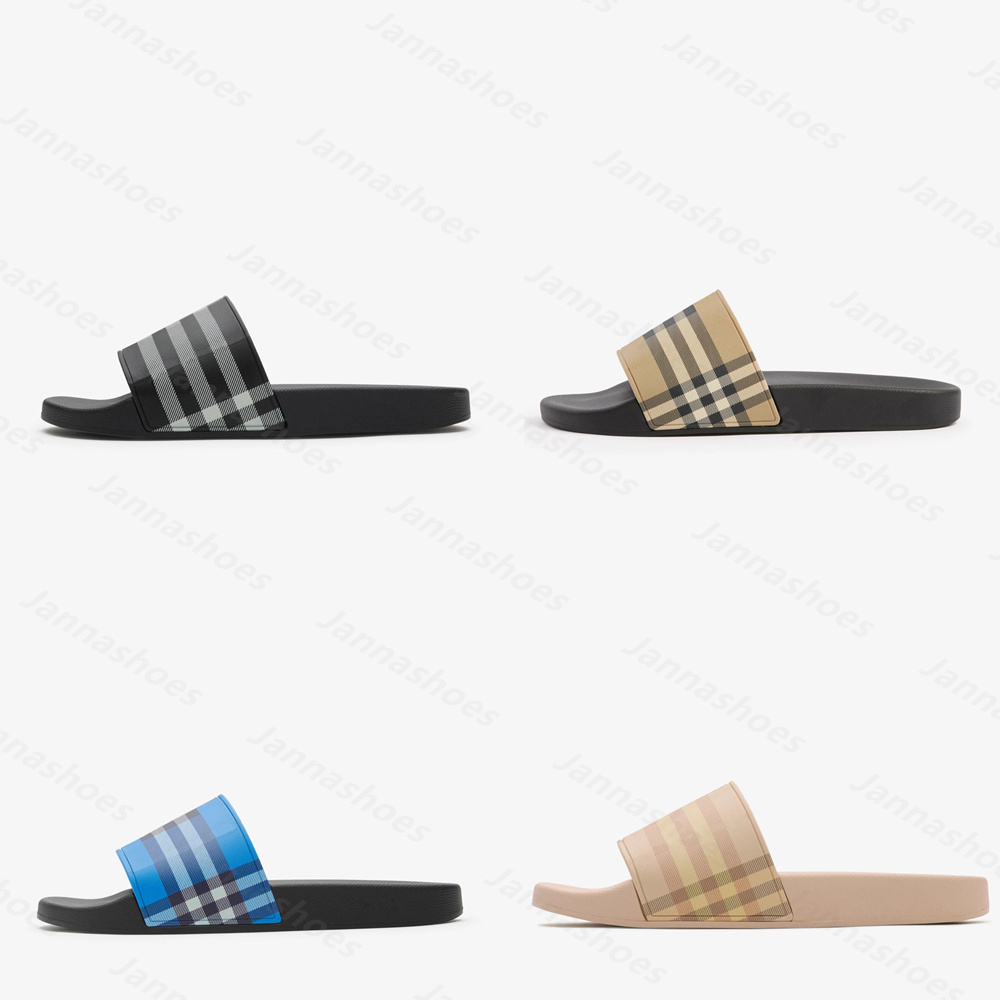 Designer Check Slides Vintage Printing Tartan Slippers Sliders Mens Furley Archive Summer Beige Print Embossed Logo Slide Dark Cerulean Blue Mangrove Size 35-46