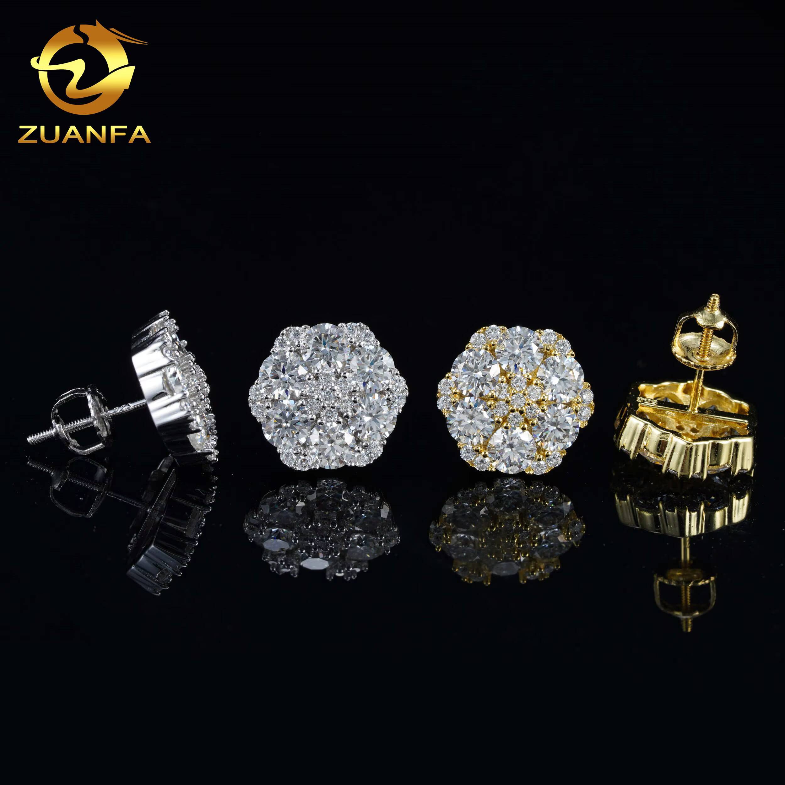 Hip Hop 14K Real White Gold Round Lab Diamond Cluster Flower Earrings EverLasting Gift for Women Men Fine Jewelry