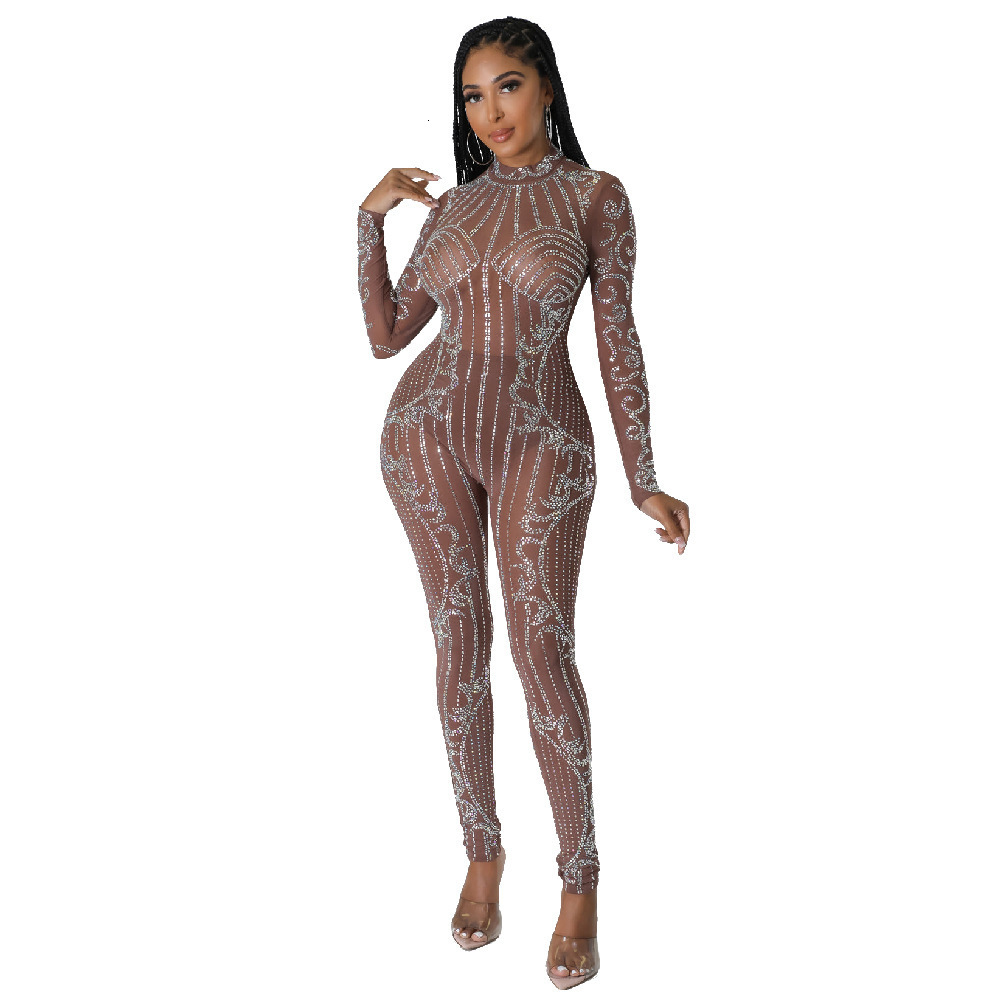 Kricesseen Gorgeous Black Rhinestones Mesh Crystal Jumpsuits Women Glam Choker Neck Diamante Fringed Romper Celebrities Outfits 250917