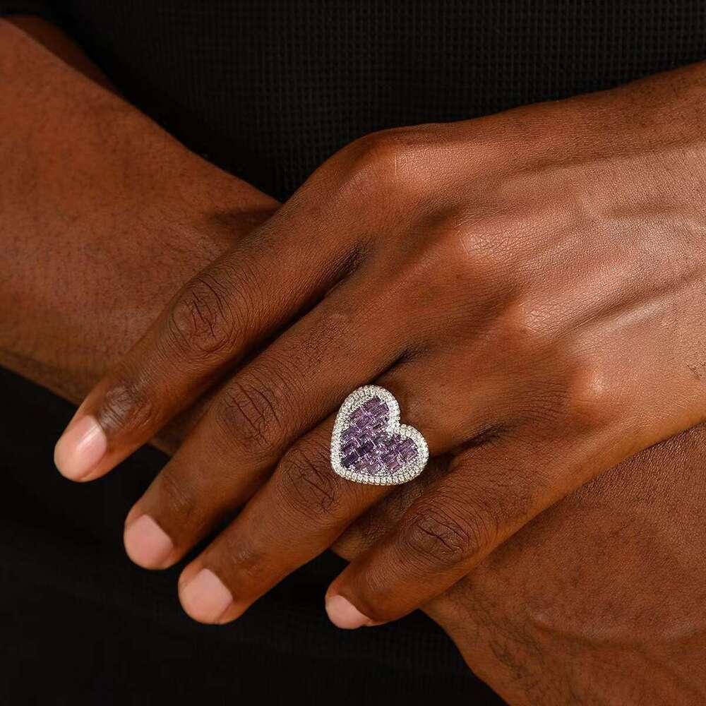 Hot Selling Item Heart-Shaped Design Micro-Paved Colorful Zircon Business Men's Hip-Hop Dominant Large Ring
