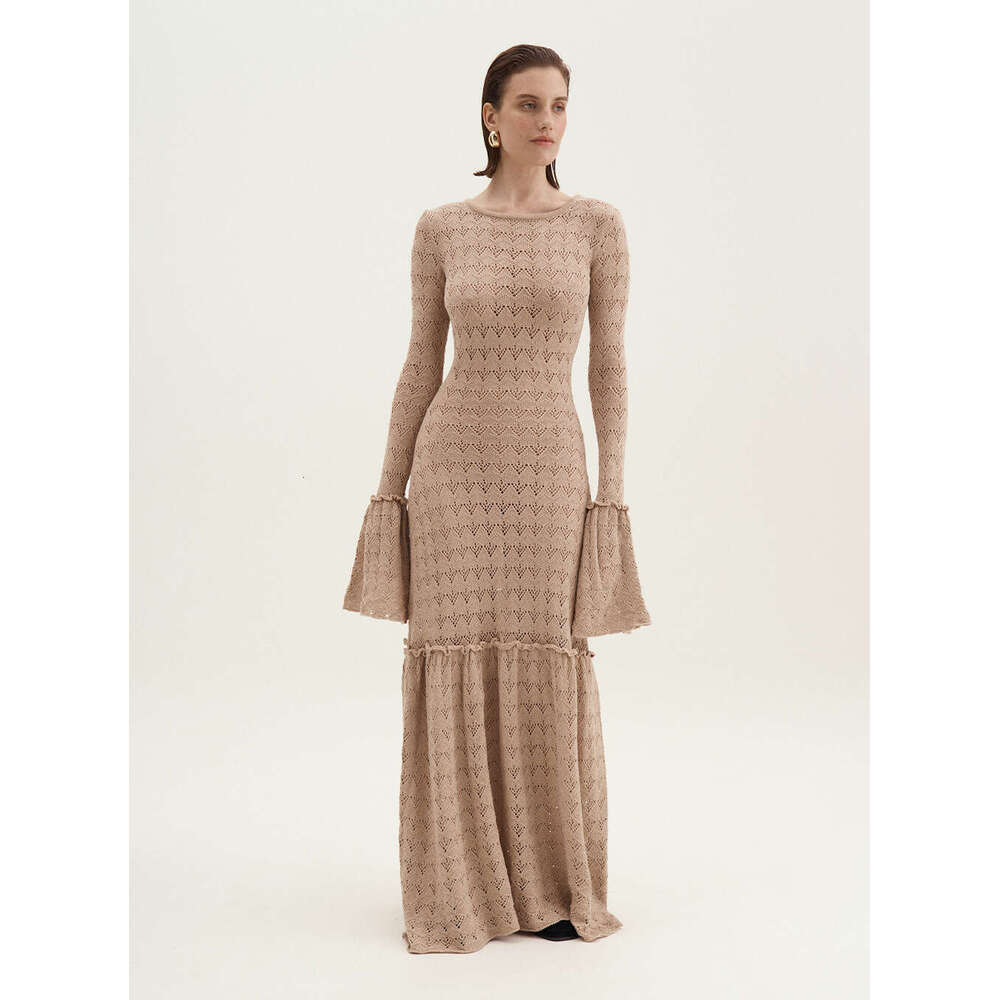 Long Sexy Hollow Out Patchwork Ruffle Sheer Russian Knitted Dress B5