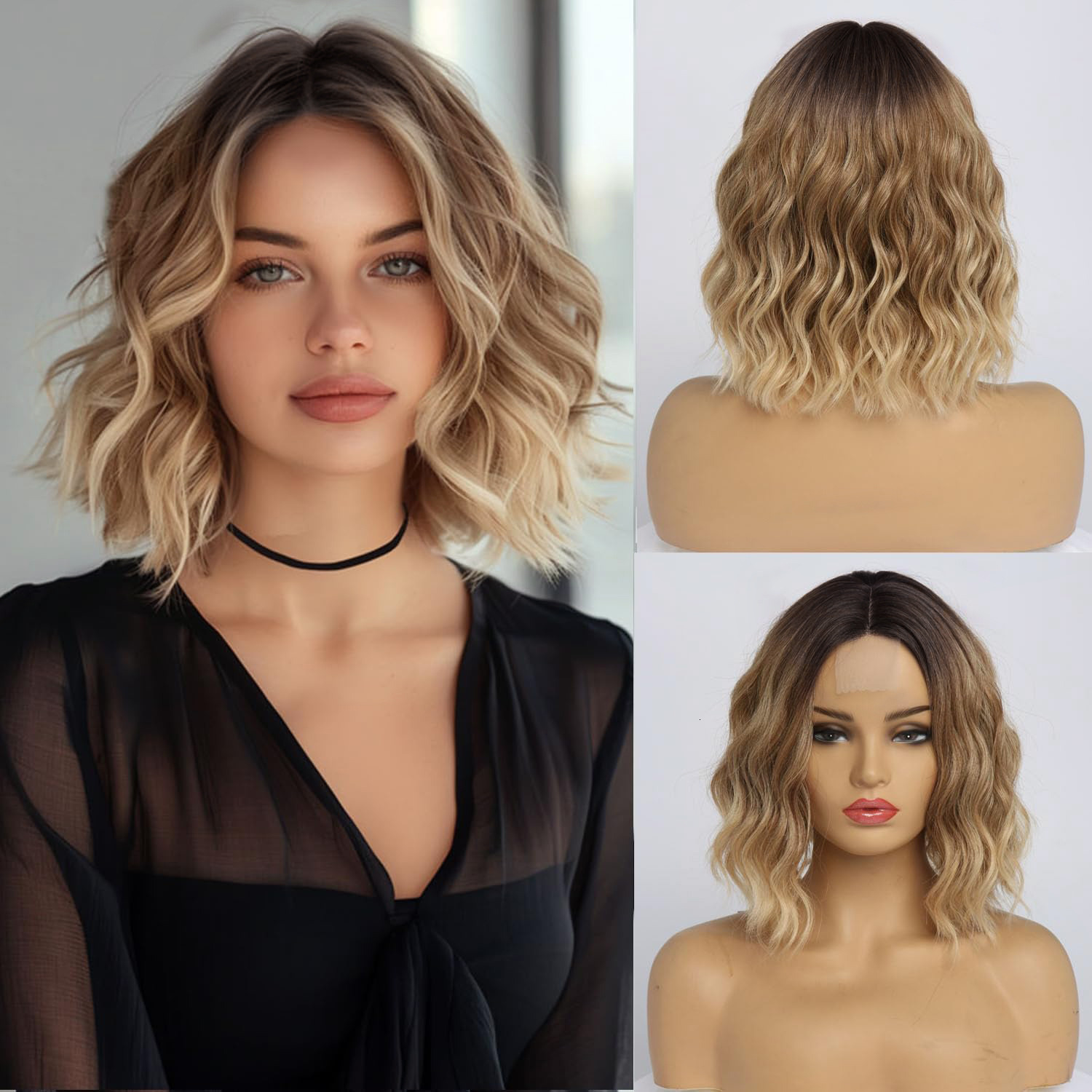 Short Wavy Brown Black Ombre Wigs with Bangs Medium Length Curly Fluffy Wavy Synthtic Wig for Women Daily Cosplay Fake Hairs