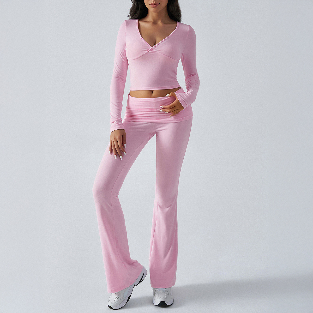 European and American women's clothing Amazon casual sports slim fit knitted long sleeved pants two-piece set