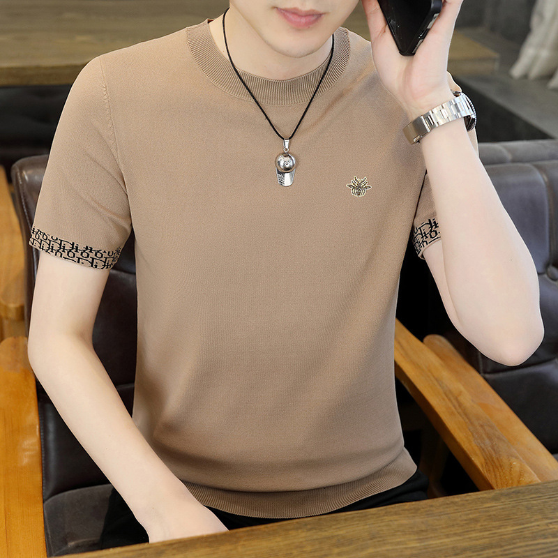Men's Short Sleeve Ice Silk Knitted T-shirt Round Neck Simple Solid Color Designer Designer Shirt Hoodie Feeling Men's New Style Youth Embroidered Slim Fit Shirt