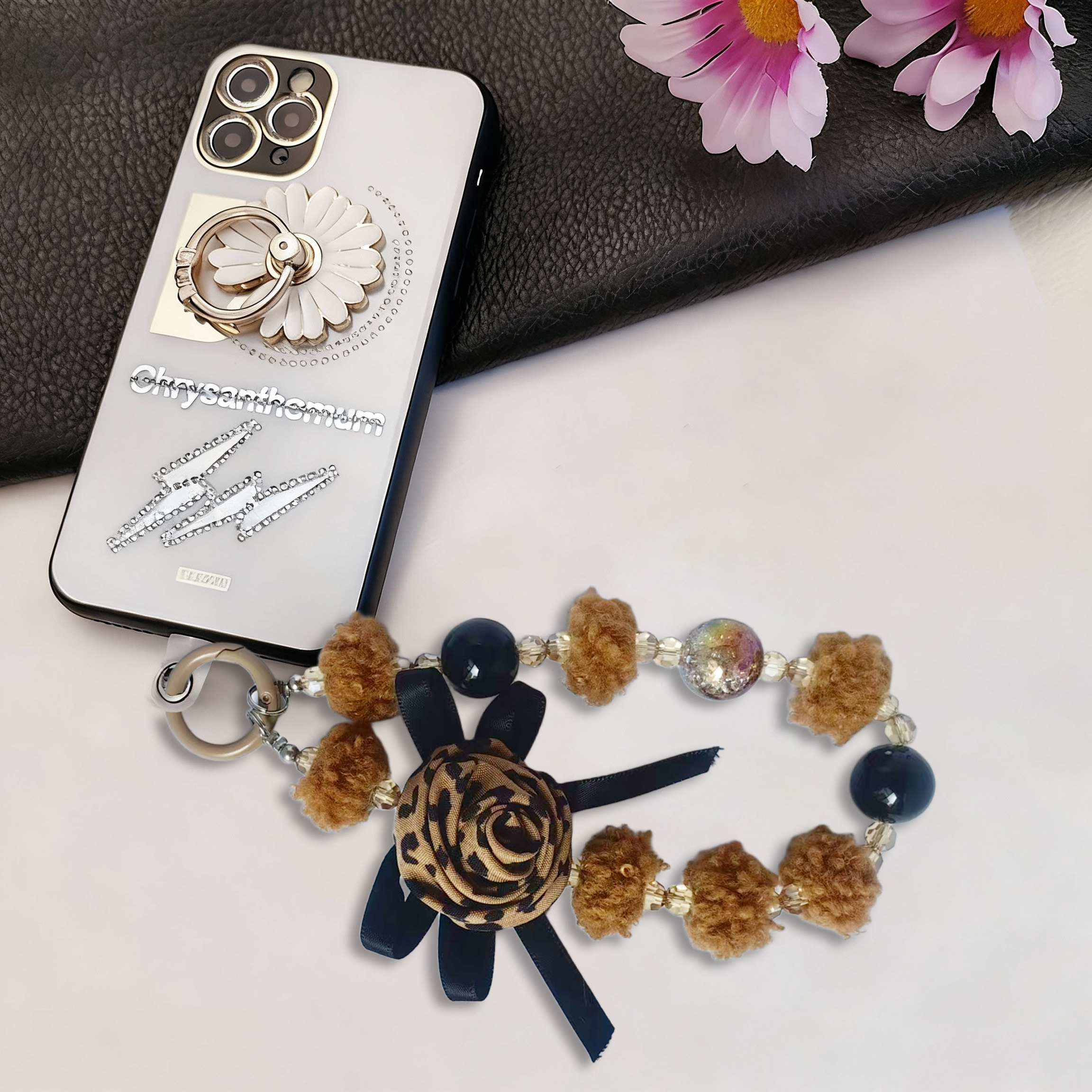 Leopard-print rose, plush ball bead phone strap, creative design, multiple colors available, stylish and versatile, anti-loss, easy to carry