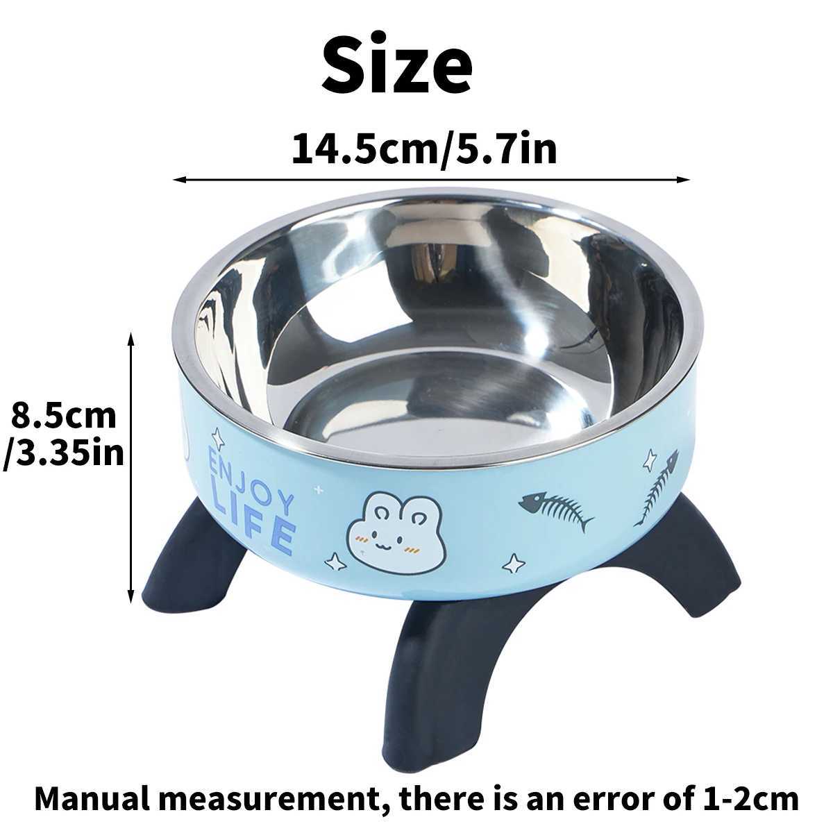 A cartoon printed highlegged pet bowl largecapacity stainless steel dog bowl neckprotecting cat bowl universal fashion and C251009