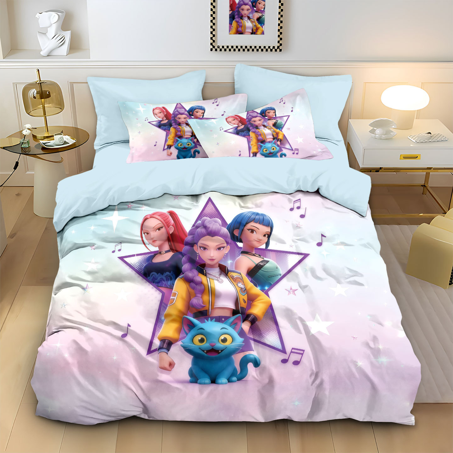 Kpop Demon Hunters Bedding Pillowcase and duvet cover 3pcs set Hunters Themed Colorful Print Single Twin Full Queen King Size Bed Set Adult Kids Beddi