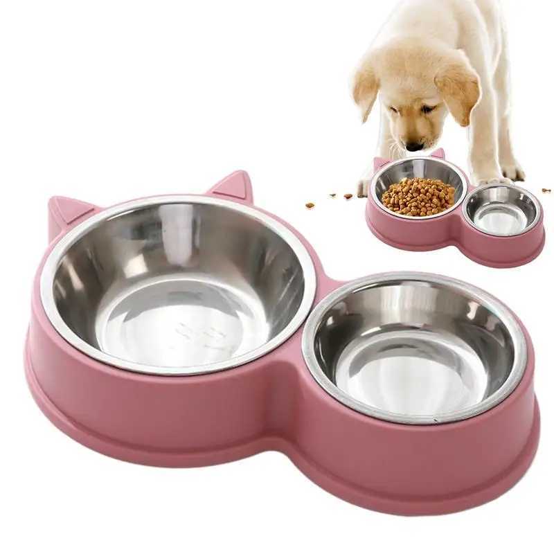 Stainless Steel Cat Bowls Cat Ear Shape Removable Pet Cage Bowl Water And Food Feeder Thickened Puppy Licking Toys Pet Supplies C251009