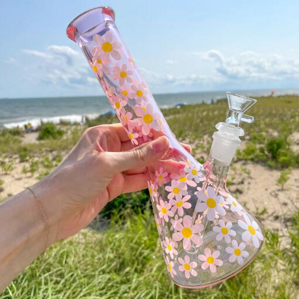 Pink Glass bong Bubbler Thick Glass Beaker Hookahs Downstem Perc Smoking glass Water Pipe With 14mm Bowl 9.8inchs Tall