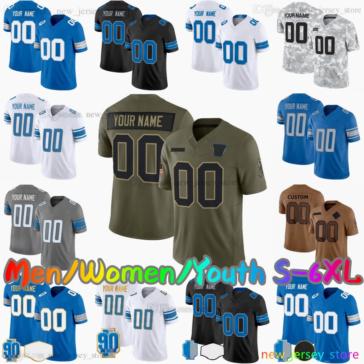 2025 Custom S-6XL DIY 16 Jared Goff Football Jersey 14 Amon-Ra St. Brown 1 Jameson Williams 0 Jahmyr Gibbs 20 Barry Sanders David Montgomery Brian Branch Stitched Jerseys