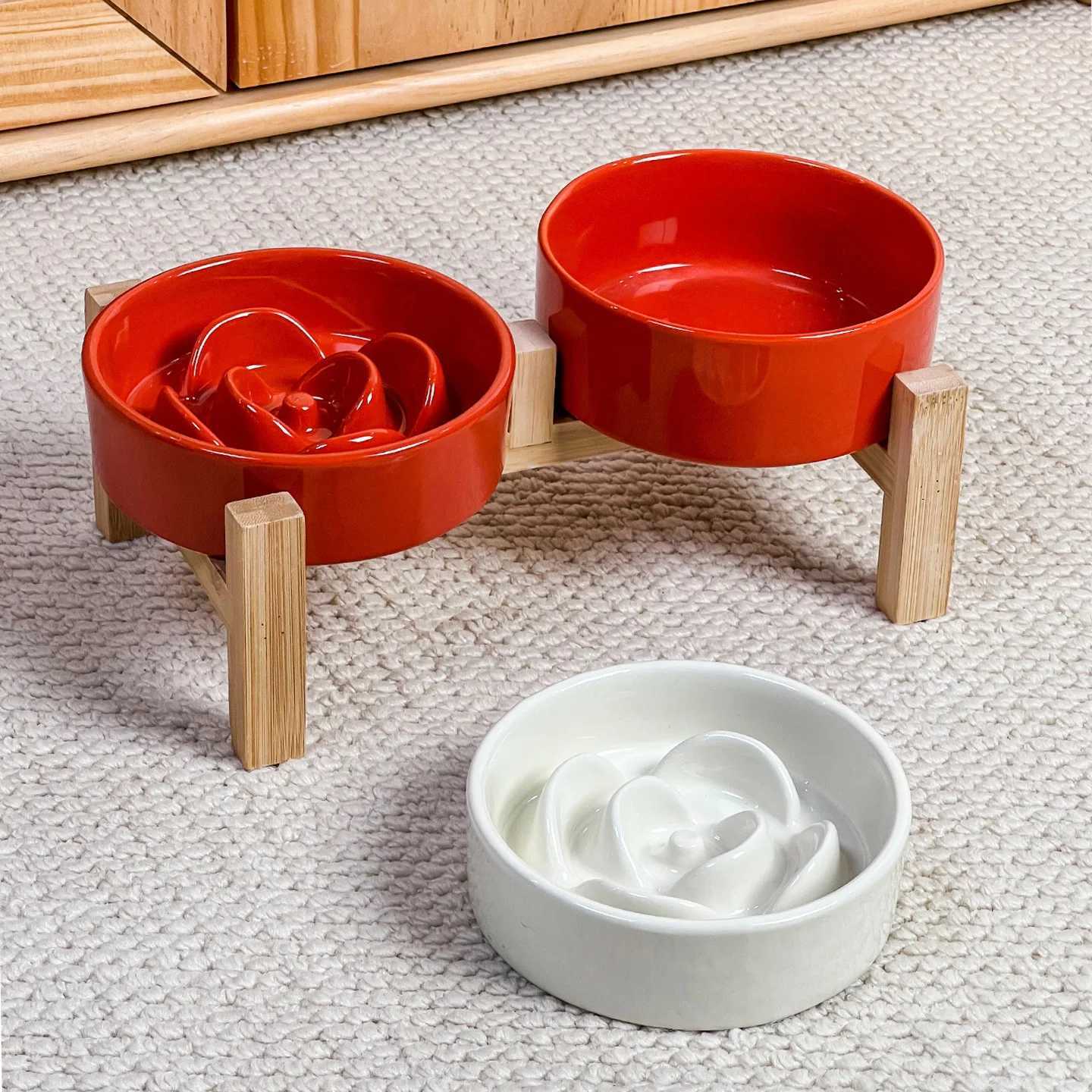 Creative Simple Solid Color Pet Bowl With Bowl Stand To Prevent Tipping Over Cat Bowl AntiChoking Feeding Bowl Cat Water Bowl C251009