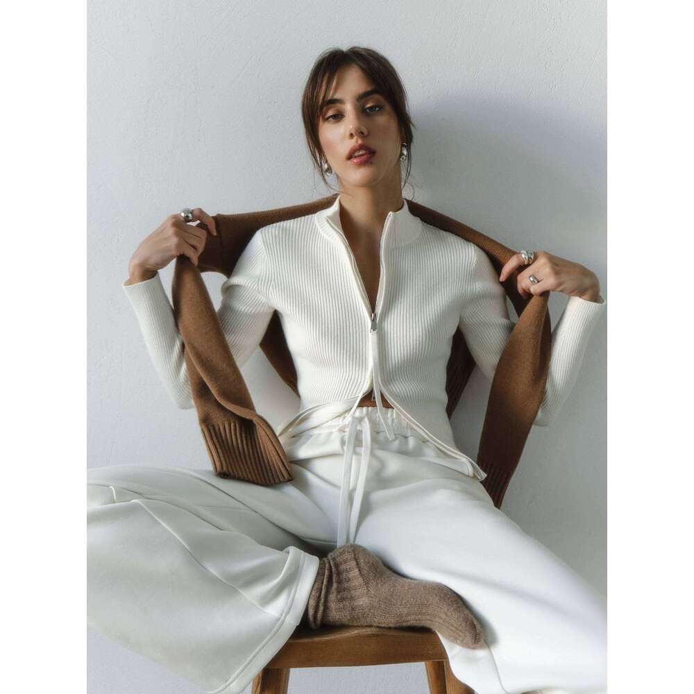 Zipper Slim Fit Top Stand Collar High Waist Trendy Long Sleeve Knitted Sweater Spring New Women's Ribbed Base Shirt B5