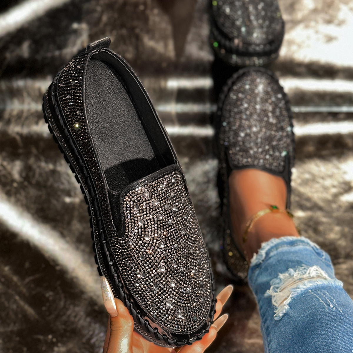 Women's Shoes 2026 Fashion Flats Rhinestone Bling Sewing Platform Loafers Luxury Shoes Casual Comfortable Female Shoes Designer Outdoor Sports Sh