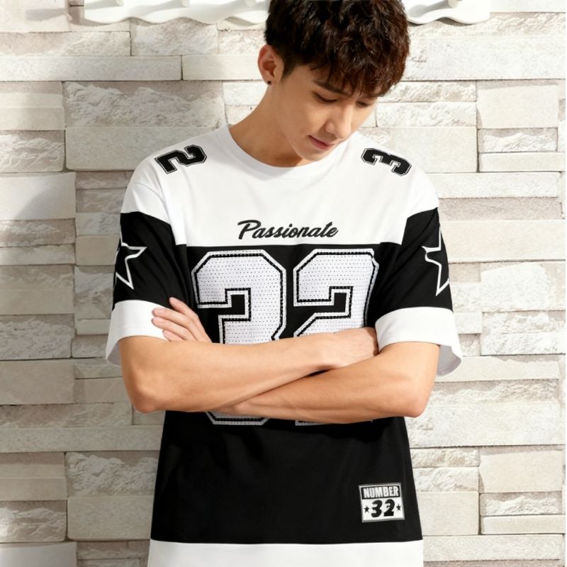 Men's Sports-Inspired "Passionate 32" Number & Star Graphic Color Block T-Shirt-40