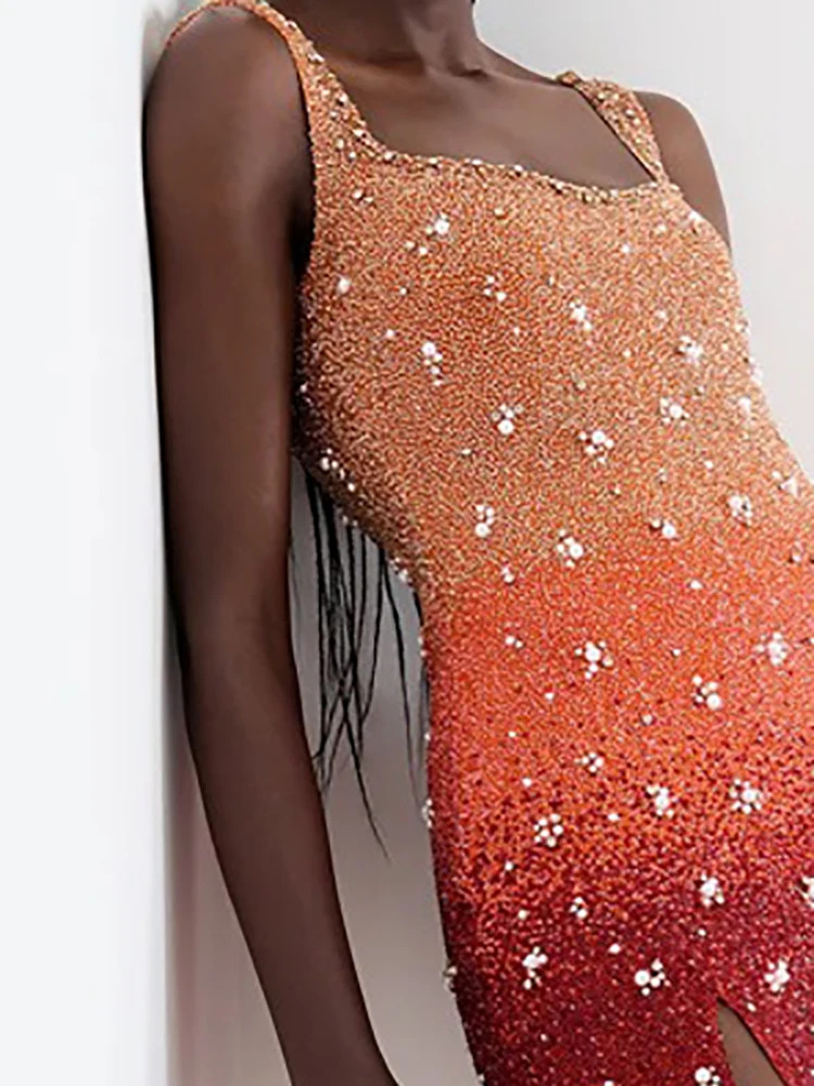 Temperament Sequin Slim Evening Dress Casual Square Collar Pearl Dress Summer Hollow Sleeveless Suspender Club Dress 251010