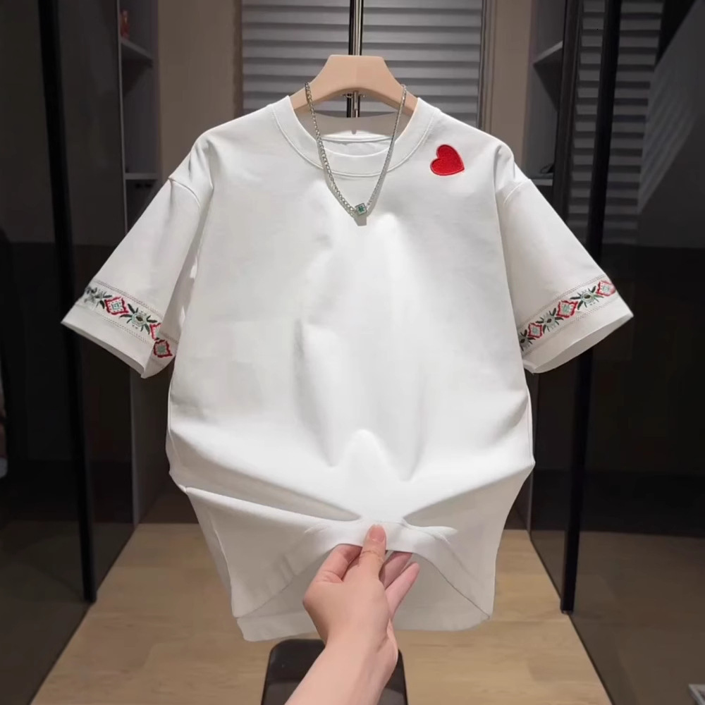 Ethnic Designer Shirt Style Embroidered Short Sleeve Men's Summer New Designer Hoodie Trendy Brand Versatile Round Neck T-shirt Casual Loose Fashion Base Shirt